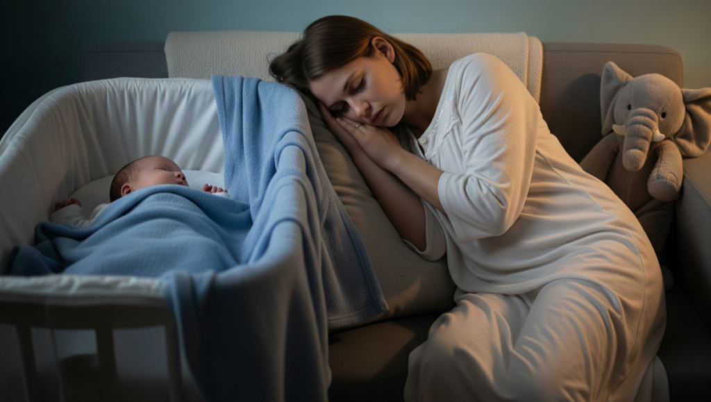 Madre primeriza intentado dormir junto a su bebé_Gemini AI