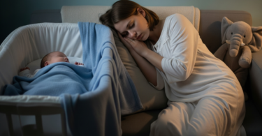 Madre primeriza intentado dormir junto a su bebé_Gemini AI