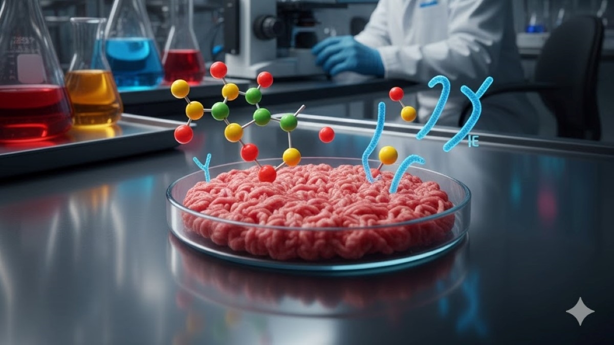 Ilustración de carne cultivada en laboratorio_Generada con Gemini IA